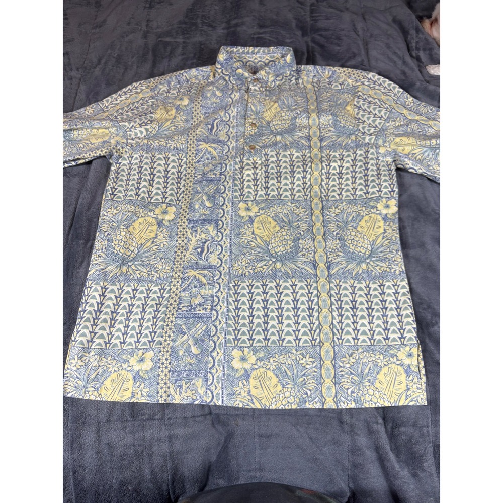 Kahala 1936 Men Blue Yellow Pineapple Floral Hawaiian Shirt Large Handcrafted HI